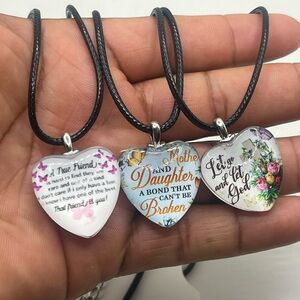 Handmade Heart Pendant Necklace - Mother & Daughter Sentiment - Black Cord